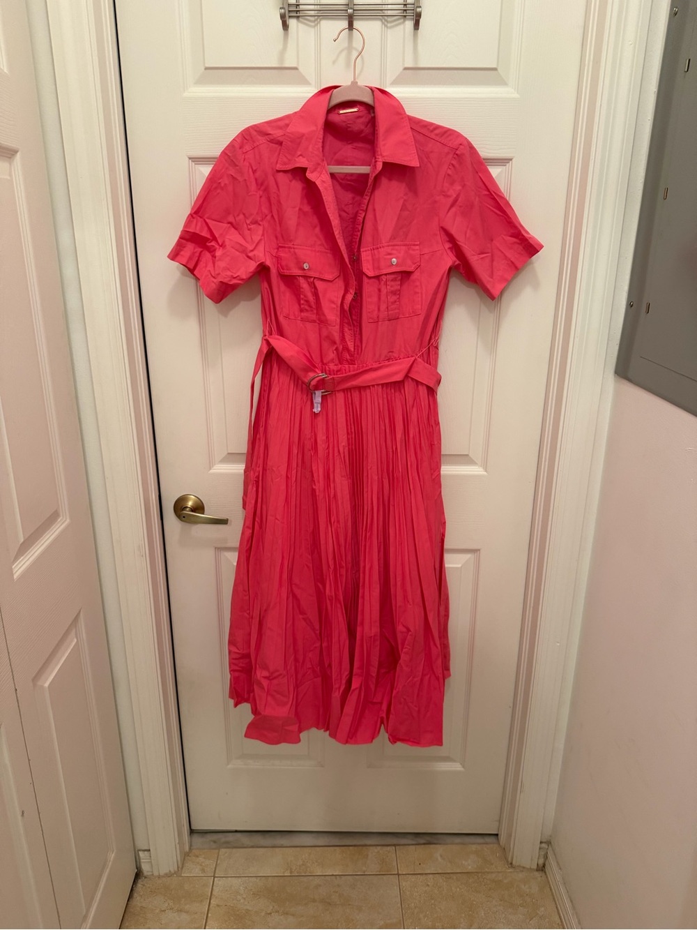 Elie Tahari Coral-Pink Shirt Midi Dress with Belt